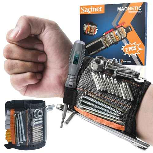 2PCS Magnetic Wristband for Screws, Gifts for Men and Women, Wrist Magnet Screw Holder with 15 Extra Strong Magnets and Two Pockets for Non-Magnetic Items, Helpful Father Gift with Gift Box