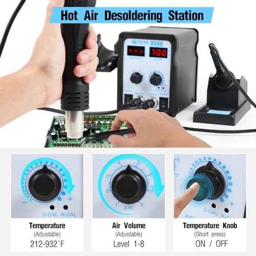 FEITA 8586 SMD Hot Air Rework Station 2 IN 1 Digital Soldering Iron & Heat Air Gun with 5 Solder Tips, 1 Solder Sucker, 1 Solder Wire, 1 Curved Tweezer, 3 Nozzles Kit