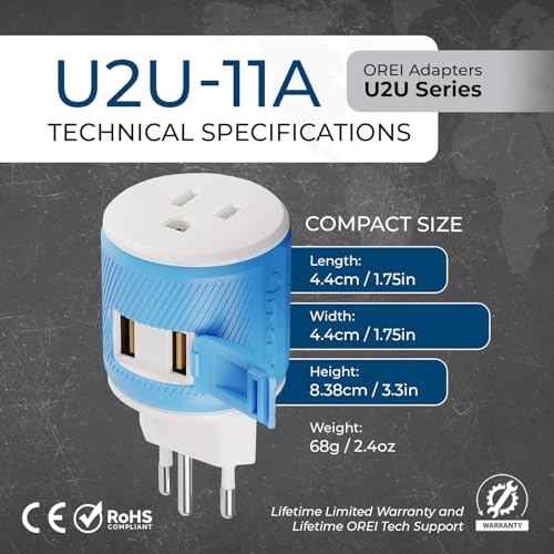 OREI Type J Travel Adapter with 2 USB Ports – US to Switzerland, Liechtenstein