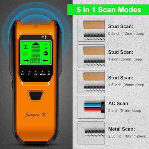 Stud Finder Wall Scanner, 5 in 1 Multifunction Stud Locator with Upgraded Smart Sensor, HD LCD Display and Audio Alarm for The Center & Edge of Metal, Studs, AC Wire, and Pipe Detection (Tangerine)
