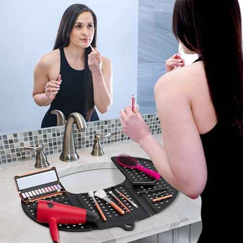 Sink Topper Bathroom Counter Cover & Storage Saver, Foldable Silicone Mat for Hot Tools, Hair Styling & Makeup, Beauty Brush Cleaning Mat, RV Camper Sink Cover & for Small Spaces (Standard Black)