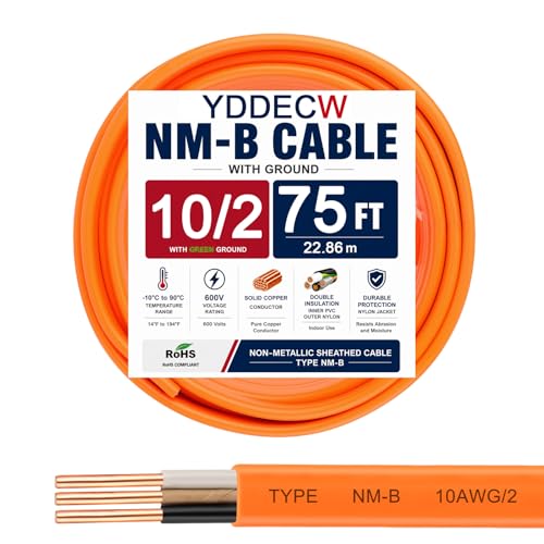 YDDECW 75FT 10/2 NM-B Electrical Wire with Ground - Orange 10 AWG, Indoor Residential Cable