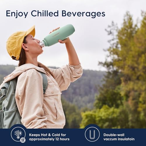 sodastream - Fizz & Go Cool Bottle | Stainless Steel Carbonating Water Bottle | Keeps Drinks Cold 12 Hrs | Cupholder Friendly | Compatible with Pink CO2 cylinder machines | Storm color | 30.4 oz