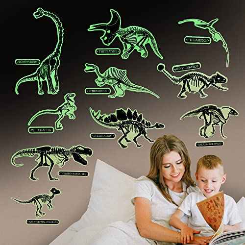 Glow in The Dark Dinosaur Fossil Wall Stickers - 10 Large Bright Wall Decals for Bedroom Walls and Ceilings - Glowing Decorations for Boys Room and Girls Room