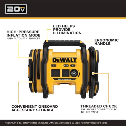 DEWALT Portable Tire Inflator & Air Compressor 20V MAX Tool Only with Auto Shutoff