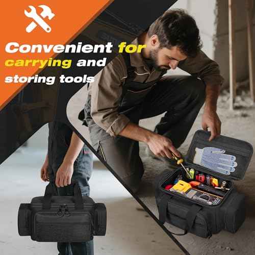 Small Tool Bag with Anti-friction Bottom, Tactical 12" Tool Tote for Men, Hand Tool Storage Organizer for Electrician, Repairman and Carpenters, Black