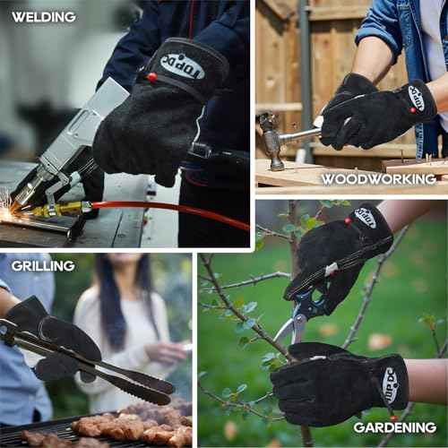 TOPDC Leather Work Gloves for Men or Women, Cowhide Leather Gloves for Gardening, Tig/Mig Welding, Chainsaw, Farm, Ranch, Reinforced Palm, Adjustable Cuff, Cotton Lining, Firm Grip & Durable, L