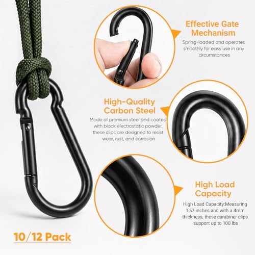 Black M4 Carabiner Clips 10 Pack Heavy Duty Spring Snap Hooks for Keys, Leashes, Gear