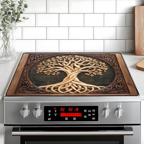 Tree of Life 28x20 Inch Stove Top Cover - BVBOX Non-Slip Silicone Protector, 2 in 1 Kitchen Mat for Stovetop & Countertop