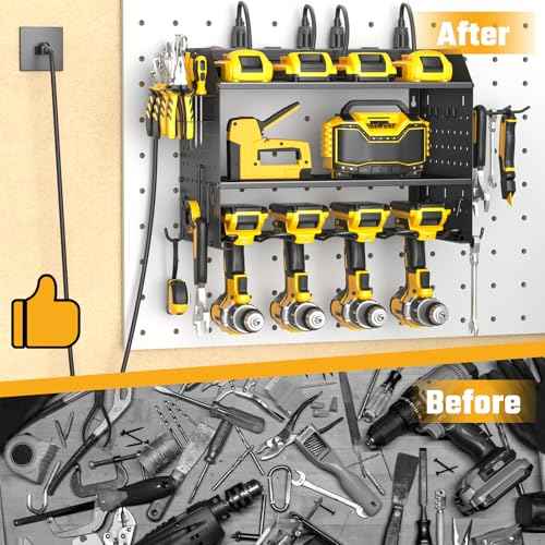 Power Tool Organizer Wall Mount, 3 Layer Charging Station with 6 Outlets, 4 Drill Holders and Drill Bit Rack, Tool Holder Storage Shelf Rack for Garage, Workbench and Workshop, Black