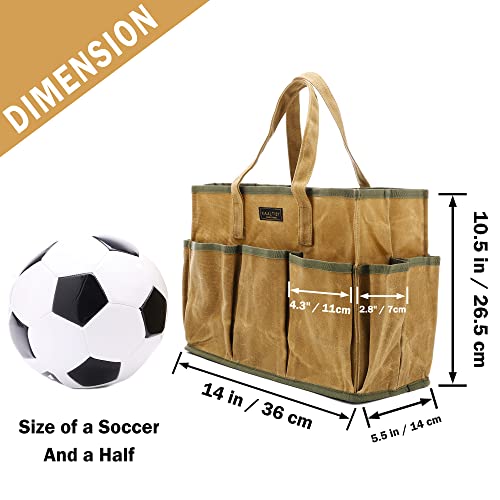 16OZ Waxed Canvas Tool Tote Bag | Large-Capacity Tool Storage Tote with 10 External Pockets | Multi-Purpose Garden Tool Carrier for Gardening, Wrench, and Carpentry Tools ? Khaki