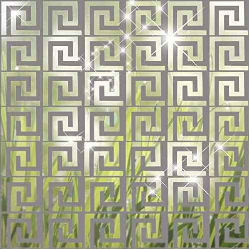 Shappy 24 Pcs DIY Mirror Wall Stickers Removable Adhensive Geometric Greek Decals Peel and Stick for Home Living Room Bedroom Decor Background Decoration(Silver)