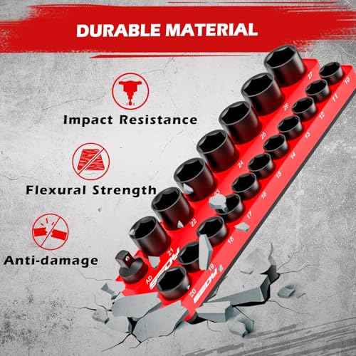 2-Piece 1/2"-Drive Metric Magnetic Socket Organizer Set (Holds 19 Sockets) - Detachable Tool Tray with 5mm Magnetic Base, Screw-Fixed Design & Heavy-Duty Modular Storage for Garage/Home Workshop