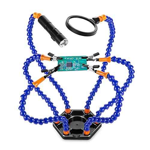 Helping Hand Soldering Third Hands Vise with 6 Flexible Arms LED Flashlight Magnifying Glass Aluminum Base for Soldering, Assembly, Repair, Modeling, Hobby, Crafts, Jewelry Making (Blue)