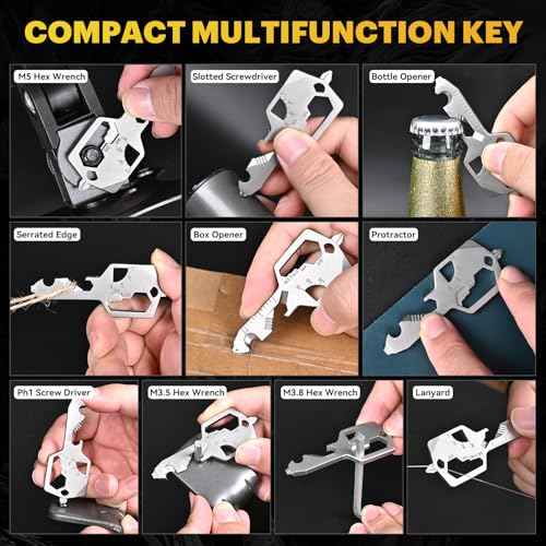 Key Shaped Pocket MultiTool 20-in1 Multi Tool, Stainless Steel Keychain Utility Gadget,Gift for Men, Women, Father,Groomsmen, Valentine's, Birthday, Christmas (Silver)