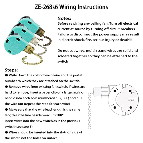 Akahttbn Bronze Ceiling Fan Switch Zing Ear ZE-268S6, 3 Speed 4 Wire Replacement Part