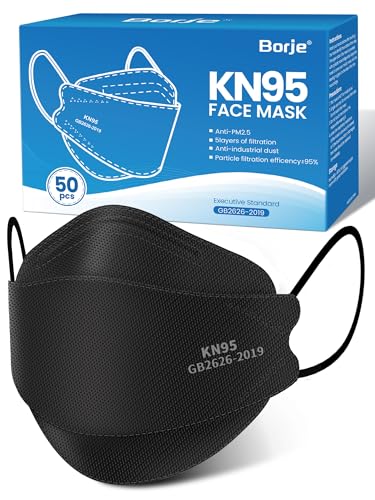 Borje 50 Pack KN95 Face Masks for Adults - Black, 5-Ply, 95% Filtration, Ergonomic Design
