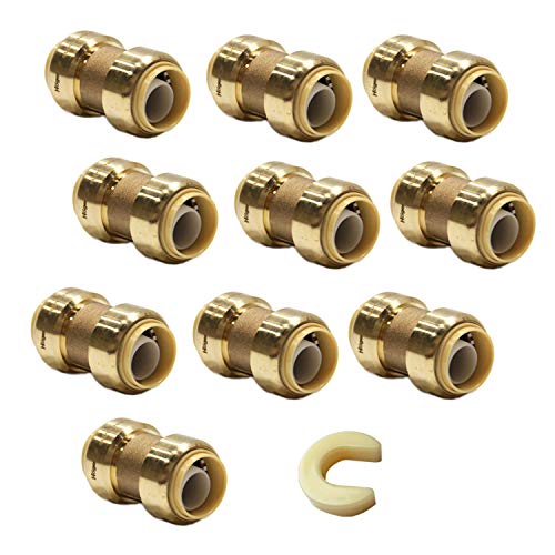 EFIELD 1/2 Inch Push-Fit Brass Straight Coupling - Pack of 10, Model P10, Lead-Free, Compatible with Copper, PEX, CPVC