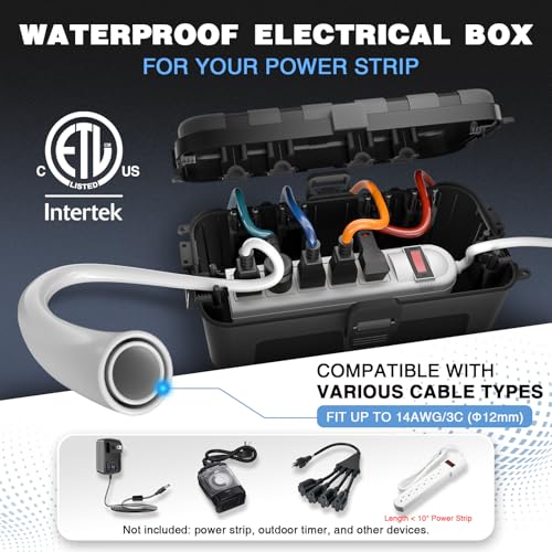 Flemoon Black Outdoor Electrical Box with 6 Cable Ports - Waterproof Extension Cord Cover, ETL Certified, Weatherproof Power Connection Box, 1 Pack