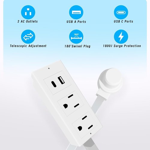 Electrical Outlet Extender with USB-A, USB-C, and 2 AC Outlets,180° Rotating Power Socket Extender,Extendable Wall Outlet Extends 22-34, Space-Saving Rotating Design Fits Home, Office