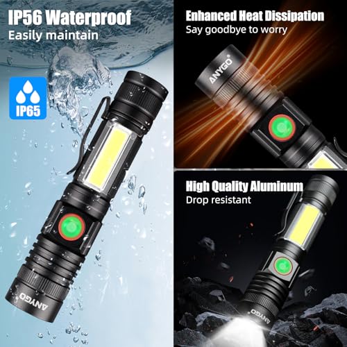 Magnetic Rechargeable Flashlight with Wide-Angle COB Side Light & Super Bright Zoomable Main Light, 4 Mode, USB-C Charging, Secure Magnetic Base for Camping, Emergency, Repairs, 2 Pack