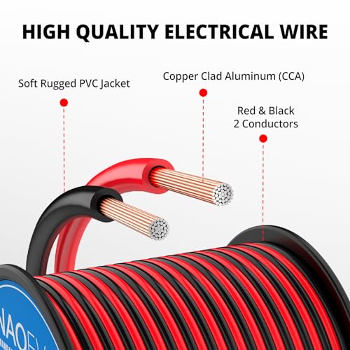 NAOEVO 10 Gauge 2 Conductors Electrical Wire 50ft Red & Black CCA