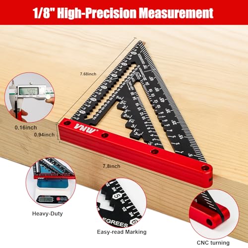 VNW 7-Inch Rafter Square with Black Bag, Aluminum 1/8" Precision Heavy-Duty Carpenter Pencil & Level Set