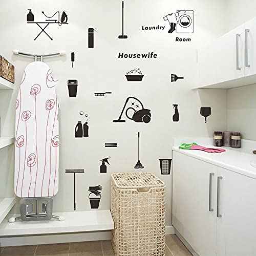 Housewife Laundry Room Wall Decal - Removable PVC Wall Sticker for Ironing and Cleaning Room - Fun and Motivational Laundry Room Decor with Cleaning Theme JWH148 (Black)