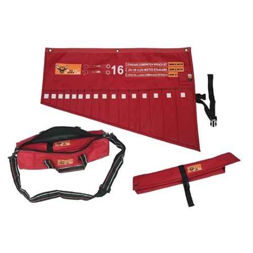 BULL TOOLS 16-Pocket Tool Organizer Roll-Up Pouch with Carry Bag Heavy Duty Ballistic Polyester Canvas SAE/Metric Tool Roll for Wrenches, Screwdrivers & Small Tools, Waterproof, Compact & Durable-Red