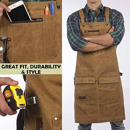 ecoZen Lifestyle Woodworking Apron for Men - Heavy Duty Waxed Canvas Carpenter Apron - For Workshop, Fully Adjustable S-XXXL