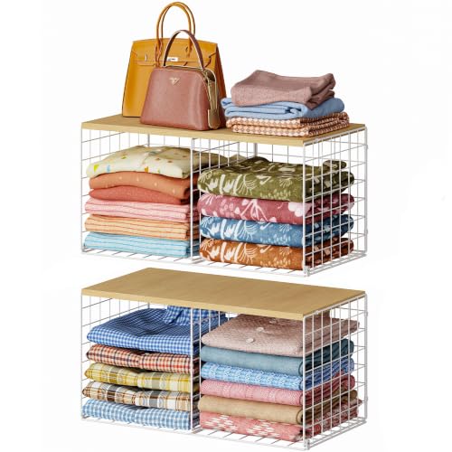 Stackable Closet Organizers with Wood Top - 2 Pack, Space-Saving Shelf Bins
