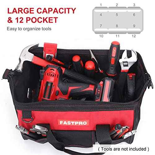 FASTPRO 14-Inch Zip-top Wide Mouth Open Storage Tool Bag, Classic Black&Red Design, Fashionable Design, 600D Polyester Fabric Material for Quality Endurance, With Adjustable Shoulder Strap