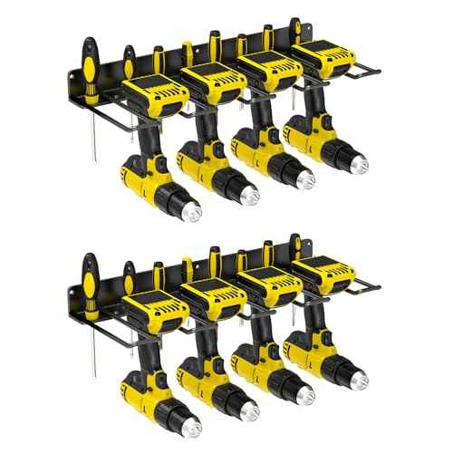 2 Pack Drill Holder Wall Mount, Power Tool Organizer, 4 Cordless Metal Drill Racks with Screwdriver Hole, Heavy Duty Garage Tool Organizer Storage Rack for Workshop Tool Room Basement