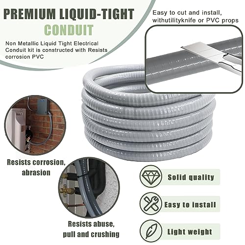 Feotech 1/2 Inch 25 Ft Liquid-Tight Conduit Kit with Fittings for Outdoor Electrical Wiring