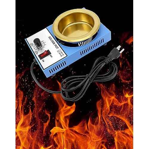 QWORK Solder Pot, 300W 110V, 100mm Soldering Bath Titanium Plate, Capacity 1500g 200-450¡Æc,Include Extra 100mm pot& Solder Paste Scraper for Welding and Soldering Bath