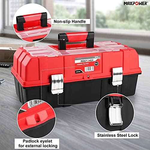 MAXPOWER 16-Inch Tool Box, Three-Layer Folding Plastic Storage Toolbox, Multi-Function Organizer with Tray and Dividers