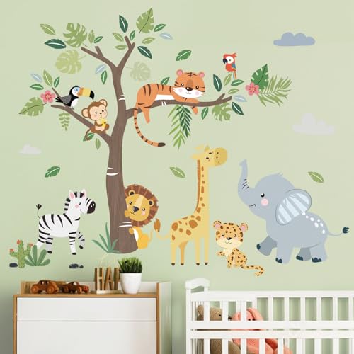 Decalmile Jungle Animals Tree Wall Decals Nursery Decor - Variation C