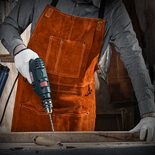 LeaSeek Leather Welding Apron - Flame and Heat Resistant Bib Apron with 6 Pockets