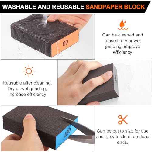 Romeda 8-Pack Sanding Sponge, Four Grits Per Pack 60/80/120/220, Washable and Reusable Handmade Sandpaper Block, Drywall Sandpaper Blocks for Wooden Drywall Sheetrock and Metal Glazing