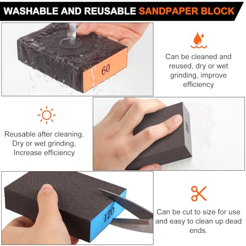 Romeda 8-Pack Sanding Sponges with 4 Grits - Washable & Reusable Drywall & Wood Blocks (60/80/120/220 Grits)