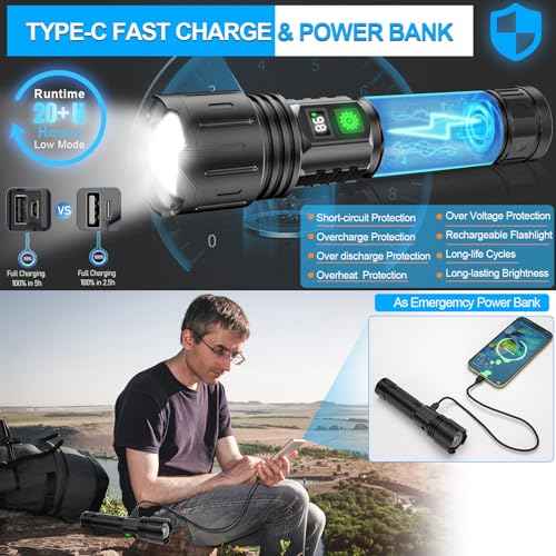 Rechargeable LED Flashlights High Lumens, High Lumens & 1500 Meters Super Bright Rechargeable Tactical Flashlight with 5 Modes,Waterproof,Powerful Handheld Flash Light for Camping