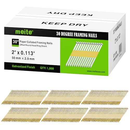 meite 30 Degree Framing Nails 2-Inch x .113 Inch, Ring Shank, Electro-Galvanized Coated, Paper Tape Collated, Offset Round Head Framing Nails for 30-34 Degree Framing Nailers (1,000 Counts)