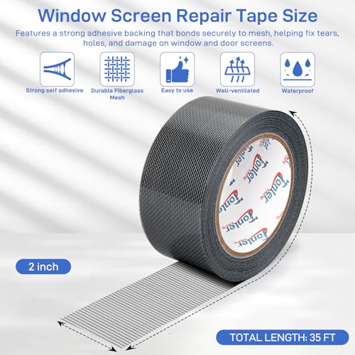 TONLER TAPE Black Fiberglass Screen Patch Tape 2in x 35ft Heavy-Duty Repair Kit