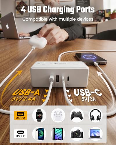 SUPERDANNY 3Ft White Short Extension Cord with Multiple Outlets & Surge Protector