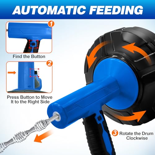 Drainsoon Blue 33Ft Auto-Feed Drain Auger Hair Clog Remover for Plumbing