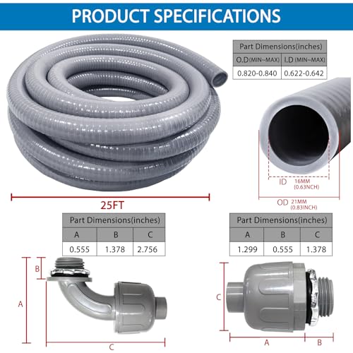 Ansgery 1/2 Inch Liquid Tight Electrical Conduit Kit 25ft with Fittings