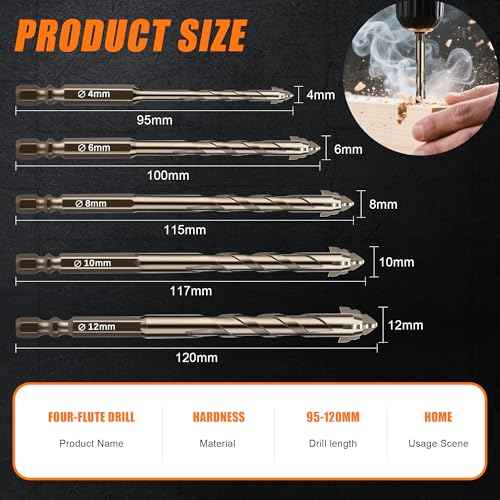 5PCS Four Blade Serrated Eccentric Drill Bits, High-Strength Eccentric Twist Drill Bit, Four Edged Serrated Eccentric Drill Bit Set for Concrete Glass Brick Cement Tile Marble Wood(4/6/8/10/12mm)