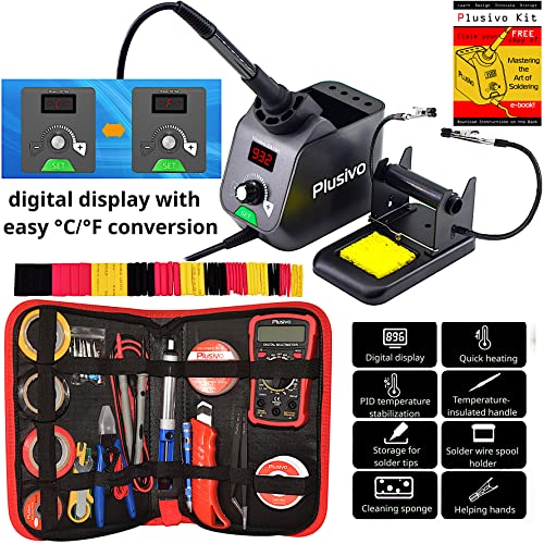 Soldering Iron Station Kit Digital Display Helping Hands 60 W 5 pcs Solder Tips, Solder Wire, Digital Multimeter ¡ÆC/¨¬F Conversion, Standby/Sleep Mode, Calibration Support for Electricians from Plusivo