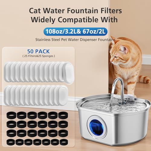 25 Pack Cat Water Fountain Filters for Stainless Steel Dispensers – Includes 25 Sponges