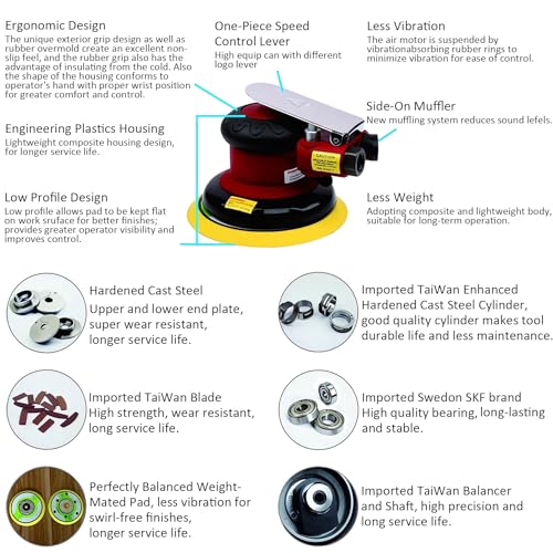 Gedu 5 Inch Red Dual Action Random Orbital Palm Sander, Low Vibration, Heavy Duty